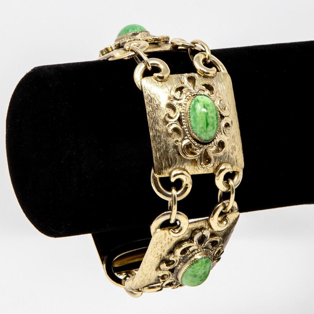 Vintage Whiting & Davis Gold-Tone Bracelet Green Cabochon Filigree Panel Design